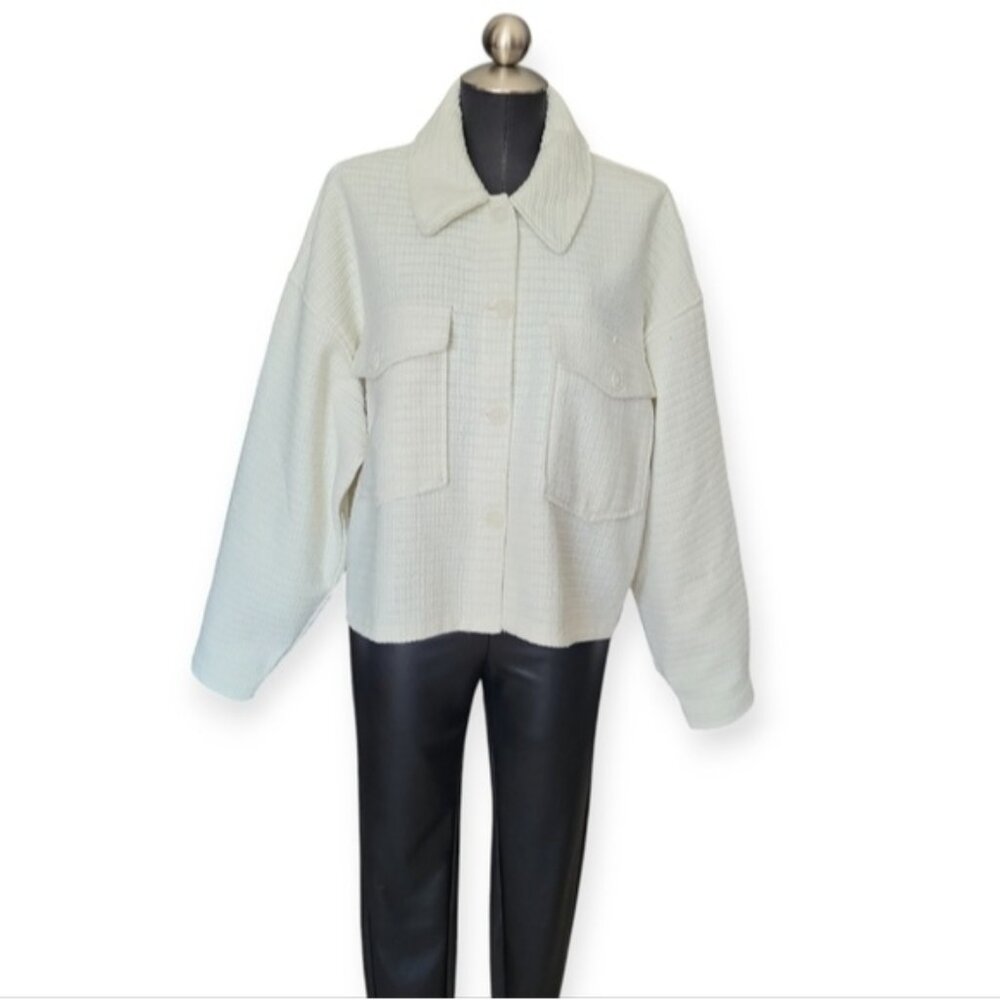 Tweed Oversized Cropped Shacket White Cream New Womens sz XL
